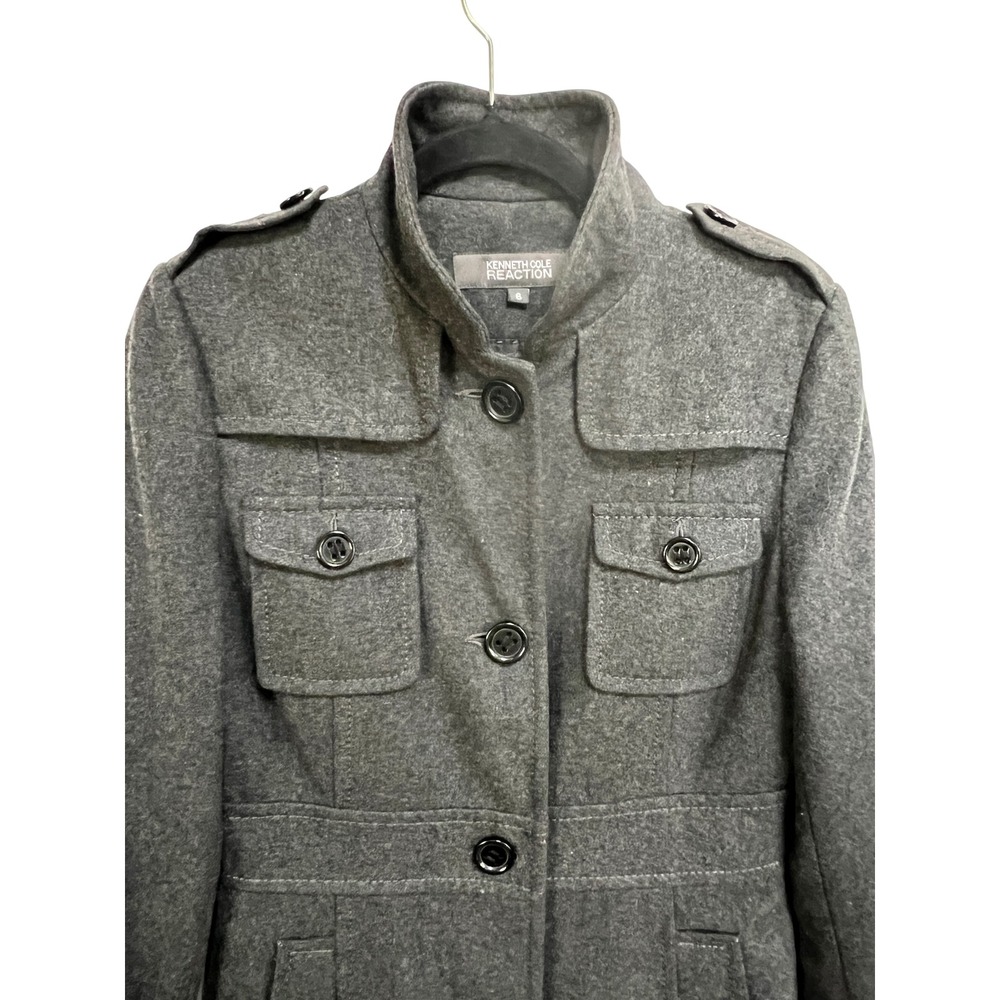 Kenneth Cole Reaction Womens Wool Blend Military Coat Gray Size 6 Stand Collar - Picture 4 of 8